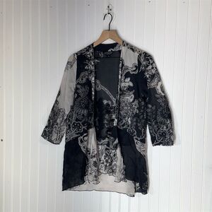 Citron Santa‎ Monica Sheer Floral Kimono Jacket M Black White Boho Layering Top